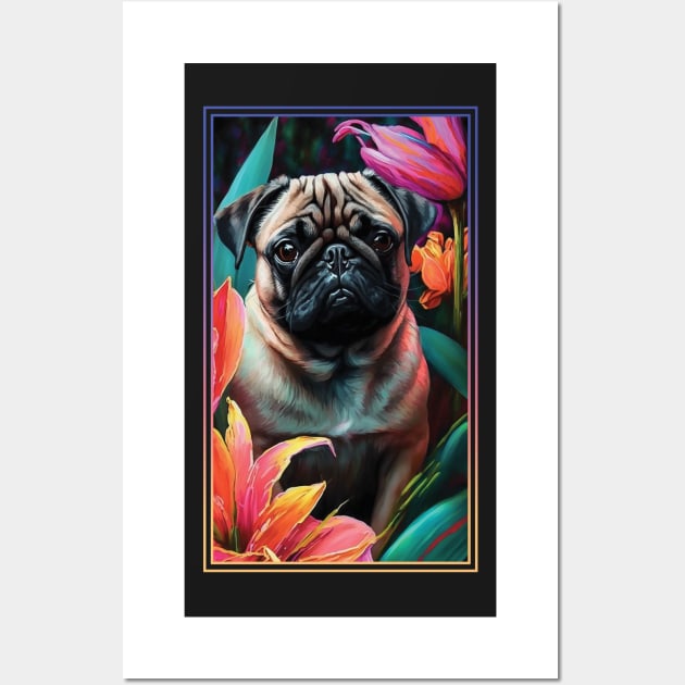 Pug Dog Vibrant Tropical Flower Tall Digital Oil Painting Portrait Wall Art by ArtHouseFlunky